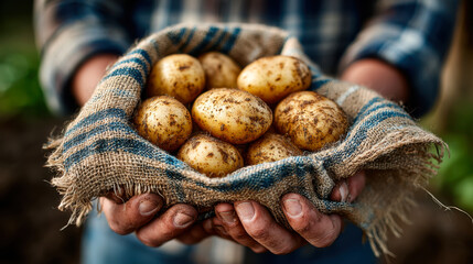 Senior man, farmer, worker holding in hands harvest of organic fresh potatoes