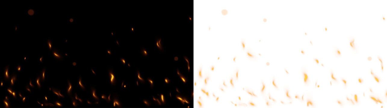 Realistic fire flames with flying sparks and embers isolated on transparent background. Warm burning light effect.