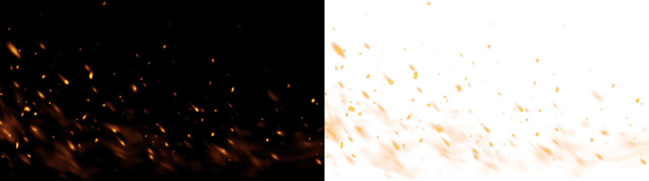 Realistic fire flames with glowing embers and sparks isolated on transparent background. Warm flowing fire effect for overlay design.