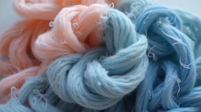 Chunky knitted yarn wreath arranged in circle, gradient cream to navy blue ombre braided wool ring, soft fibers on white background, concept of handcraft, textile design, home decor