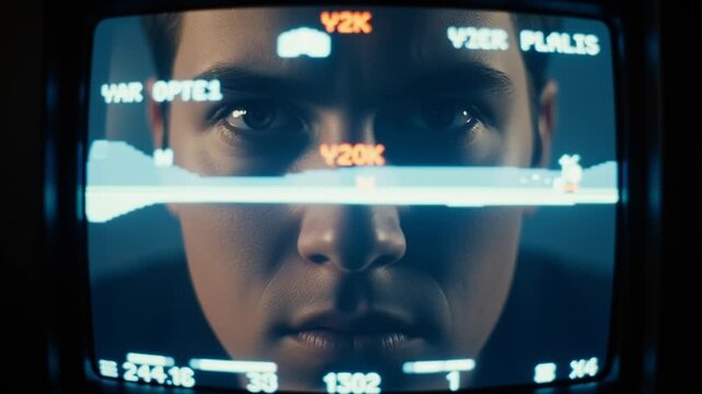 A close-up video of a man's face on an old television screen with a glitchy effect