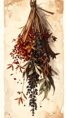 Naklejka premium Watercolor Herbal Bouquet Hanging on Beige Wall Autumn Tones