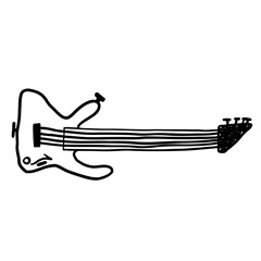 Child’s drawing. Hand drawn doodle electric guitar, simple cartoon instrument. Simple black and white hand drawn doodle of an electric guitar with classic shape, frets, neck and headstock. 