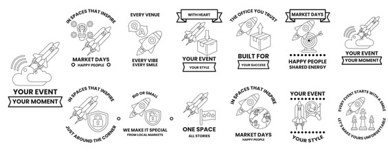 The designs include a rocket, a flag, a person, and a smiley face