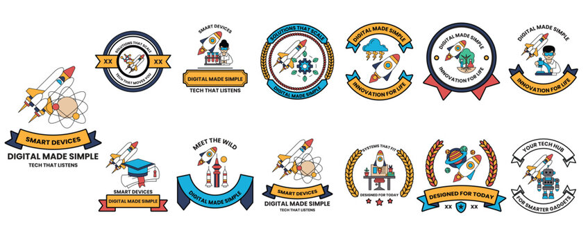 A collection of badges with a theme of rockets