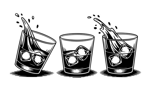 Three glasses of whiskey with ice and liquor being poured into them in a row on a plain background
