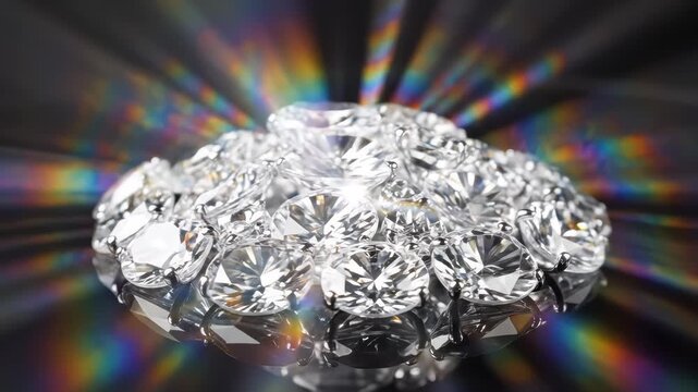 Diamonds rotating on black background, crystals, beautiful shining brilliants sparkling with colorful caustics, rainbow lights. Moissanite. Zirconia. Diamonds sparkle and shimmer on black 