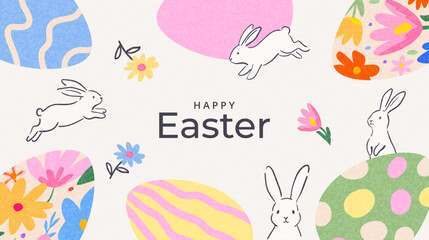 Happy Easter banner, horizontal poster, greeting card, header for website. Trendy Easter design with typography, hand drawn pattern with Easter eggs, spring flowers and Easter bunny. Modern art style. © Tanya Shulga