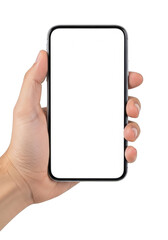 Hand holding a smartphone with blank screen isolated on transparent background