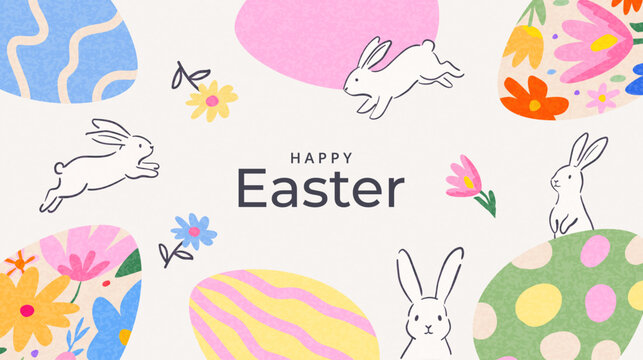 Happy Easter banner, horizontal poster, greeting card, header for website. Trendy Easter design with typography, hand drawn pattern with Easter eggs, spring flowers and Easter bunny. Modern art style.
