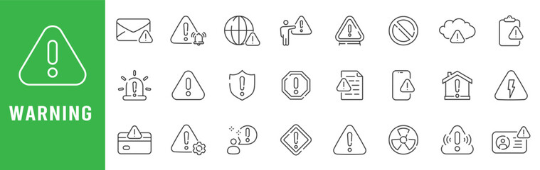 Fototapeta na wymiar Warning and alert outline icon set with caution triangles, error notifications, emergency alarms, radiation, lightning, cloud, email, document symbols system.