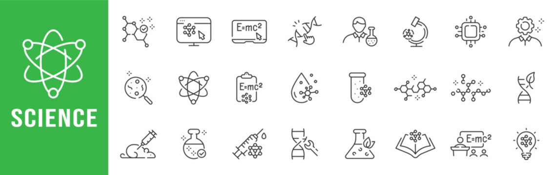 Science outline icon set featuring molecule, DNA, atom, flask, microchip, classroom formula symbols for research, education, technology innovation laboratory stem.