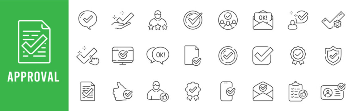 Approval outline icon set with checkmark, verified badge, document checklist, email OK, rating, certified shield, editable stroke line icons vector.