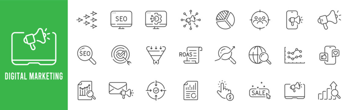 Digital marketing outline icons for SEO analytics, PPC campaigns, conversion funnel, email outreach, sales growth, editable stroke line set vector.