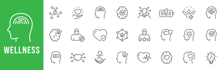 Naklejka premium Wellness outline icons for mental health, mindfulness, selfcare, therapy, stress balance, heart and brain care, editable stroke set vector line