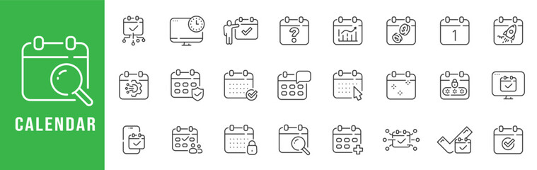 Calendar scheduling outline icon set for planning appointments, reminders, tasks, deadlines, secure booking, search, analytics, editable stroke line vector. © tutti_frutti