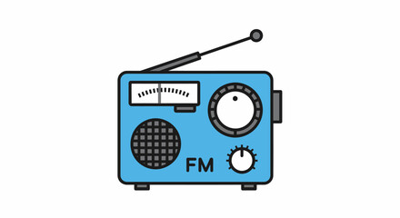Vintage Style Blue FM Radio Illustration with Antenna and Controls.