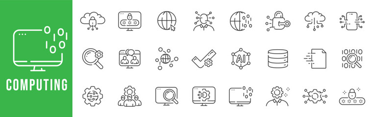 Naklejka na ściany i meble Computing outline icon set with cloud, AI, database, encryption, analytics, cybersecurity, network security, editable stroke line vector symbols modern interface