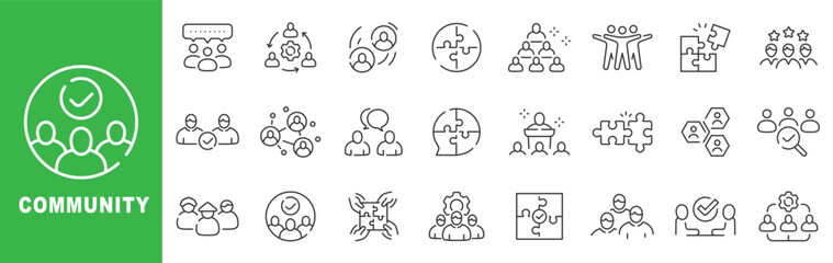 Obraz premium Community outline icons show teamwork, collaboration, networking, chat, inclusion, volunteers, puzzle integration, feedback rating, verified checkmark, editable stroke design set.