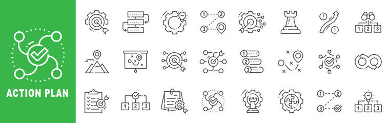 Action plan outline icons for strategy, roadmap, checklist, timeline, target goals, workflow steps, project management, editable stroke line vector set. © tutti_frutti