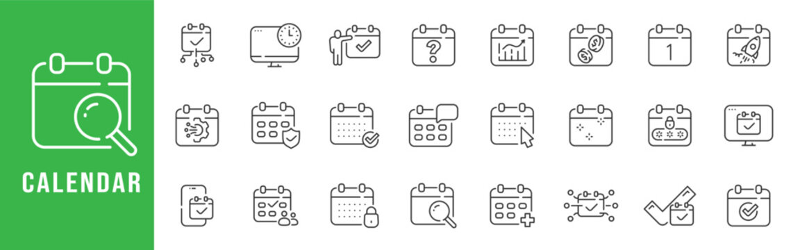 Calendar scheduling outline icon set for planning appointments, reminders, tasks, deadlines, secure booking, search, analytics, editable stroke line vector.