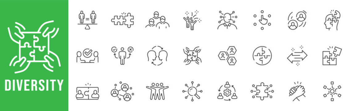 Diversity inclusion outline icons showing puzzle teamwork, equality, collaboration, community support, integration, engagement, people network, editable stroke line set.