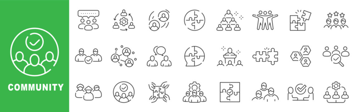Community outline icons show teamwork, collaboration, networking, chat, inclusion, volunteers, puzzle integration, feedback rating, verified checkmark, editable stroke design set.