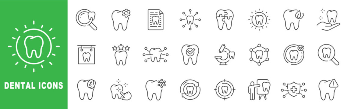 Dental outline icon set featuring tooth care, dentist treatment, orthodontics, hygiene, clinic, protection, diagnosis, editable stroke vector line icons modern.