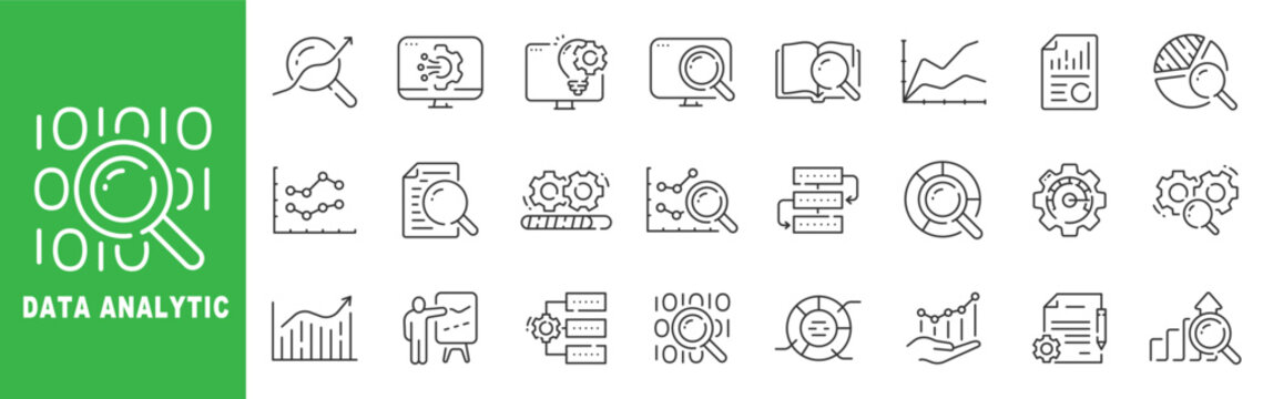 Data analytics outline icons with charts, dashboards, search, reports, workflow, optimization, KPI growth, editable stroke line vector set business insights.