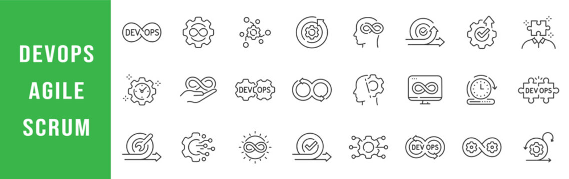 DevOps agile scrum outline icons for CI CD pipeline automation, deployment, monitoring, workflow, teamwork, optimization, editable stroke line set vector.
