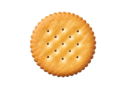 A close up view of a round, golden-brown cracker with small holes isolated on transparent background