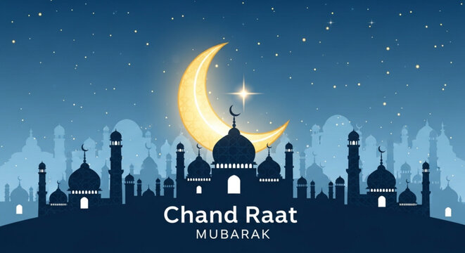 Ramadan crescent moon cityscape chand raat mubarak greeting
