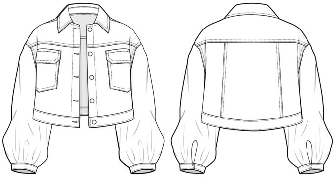 Baggy Sleeve Cropped Jacket with Pockets Fashion Illustration, Vector, CAD, Technical Drawing, Flat Drawing, Template, Mockup.