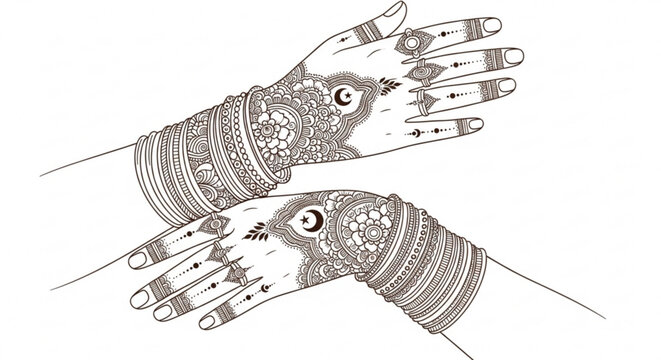 Intricately designed mehndi hands with bangles and henna