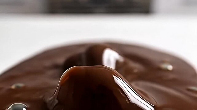 Close-up perspective of a segment of a brown chocolate bar on a white surface.