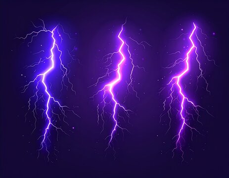 Three stylized bolts of violet and electric purple lightning
