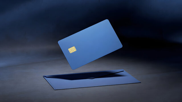 Blue bank card floating above open envelope in dark studio lighting