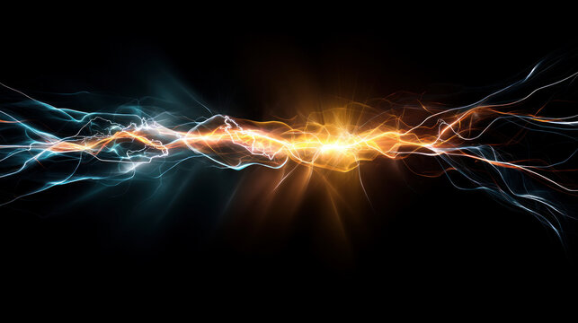 Electromagnetic field visualization, neon flowing current lines. Chaotic lightning grid pattern, bright electric energy dark tech grid. Energy wave gradient, abstract electric particles in motion