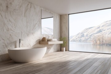 Fototapeta premium Contemporary bathroom interior features freestanding soaking tub and expansive window view of a serene lake and hills