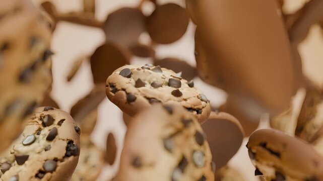 3D render of a realistic chocolate chip cookie rotating on a clean white background, delicious sweet snack pastry animation for food and dessert concepts.