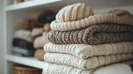 stack of cozy knitted sweaters on wooden background. Autumn-winter concept