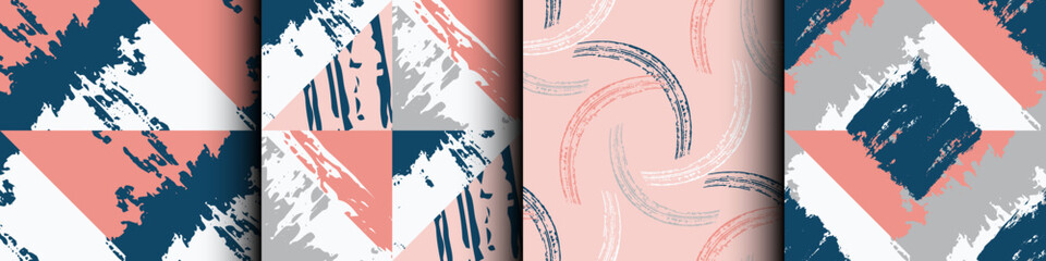 Geometric figures grunge scratches and attrition texture theme retro geometric seamless pattern, texture background set. Pink blue white Trendy design, ornament print, wrapping paper, greeting card © RomanWhale studio