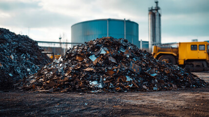 The bulldozer will clean the waste dump. Waste processing plant