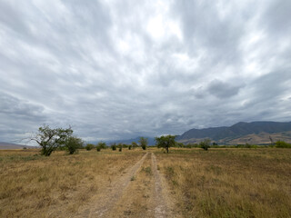 Golden field in Kyrgyzstan with mountain range on the horizon and dramatic storm clouds before rain.