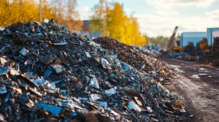 The bulldozer will clean the waste dump. Waste processing plant