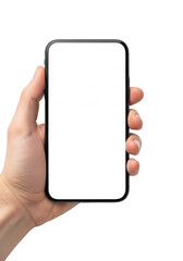 Hand holding a smartphone with a blank white screen isolated on transparent background