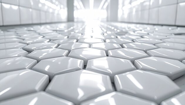 FlyPro Firefly geometric pattern of hexagonal ceramic tiles, seamlessly fitted to create a level surface, rendered in a photorealistic DSLR style with brilliant lighting.