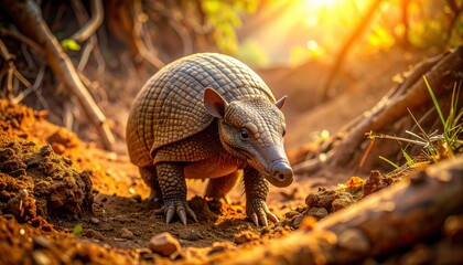 Obraz premium FlyPro_Firefly captures a giant armadillo, showcasing its powerful digging claws designed for excavating burrows in an excavation tool photography style, bathed in warm, earthy light.