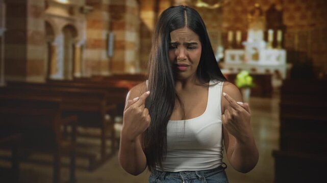 Woman points fingers to chest in church aisle wearing white tank and jeans with puzzled expression and raised brows; confusion doubt.