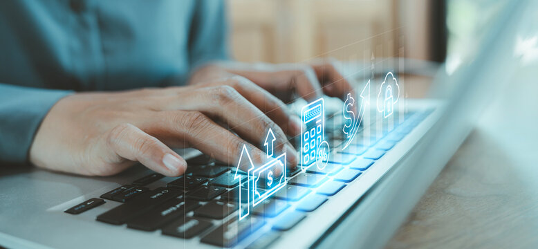tax, interest rate, and accounting budget planning concept, Business person typing on laptop and touching virtual calculator with percentage icons, ROI Return on Investment KPI and Corporate finance